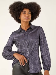 Roman Blue Foil Plisse Button Through Blouse - Image 4 of 5