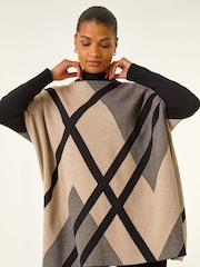 Roman Natural Plaid Asymmetric Knit Poncho - Image 1 of 5