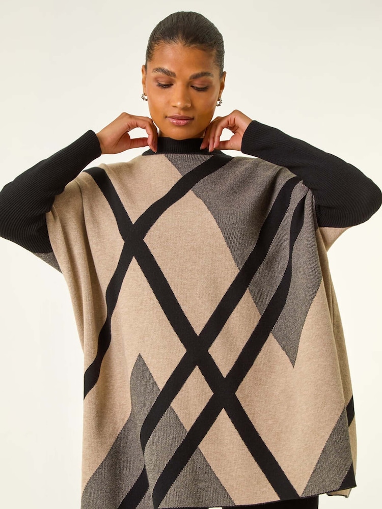 Roman Natural Plaid Asymmetric Knit Poncho - Image 1 of 5