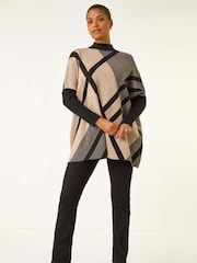 Roman Natural Plaid Asymmetric Knit Poncho - Image 2 of 5