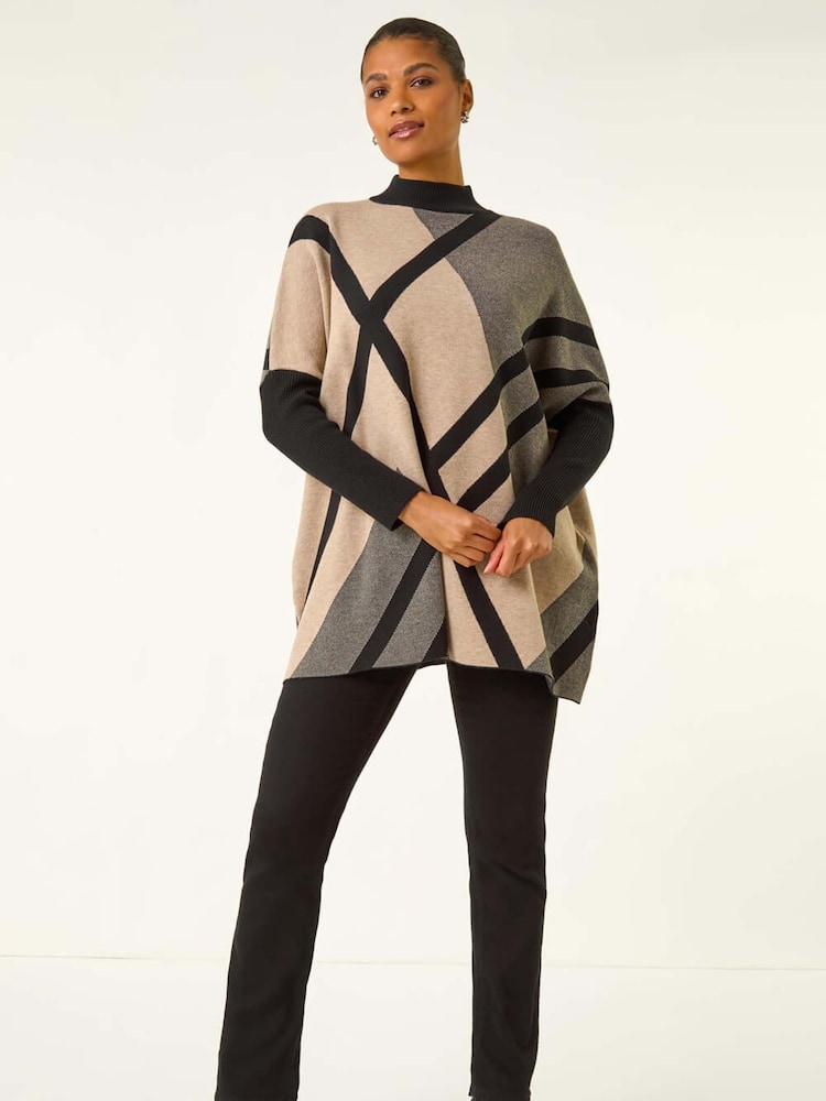 Roman Natural Plaid Asymmetric Knit Poncho - Image 2 of 5