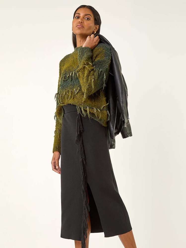 Roman Black Fringe Side Knit Midi Pencil Skirt - Image 1 of 5 Roman Black Fringe Side Knit Midi Pencil Skirt - Image 1 of 5
