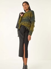 Roman Black Fringe Side Knit Midi Pencil Skirt - Image 2 of 5
