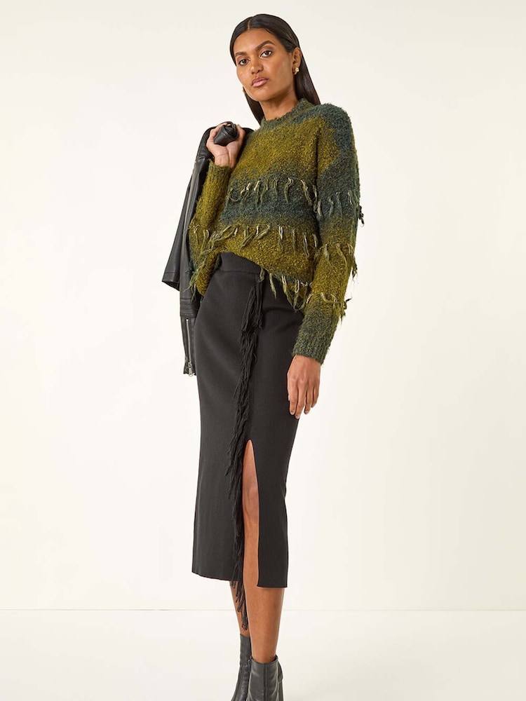 Roman Black Fringe Side Knit Midi Pencil Skirt - Image 2 of 5 Roman Black Fringe Side Knit Midi Pencil Skirt - Image 2 of 5