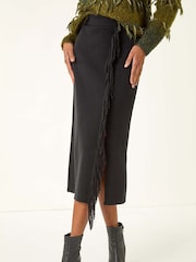 Roman Black Fringe Side Knit Midi Pencil Skirt - Image 4 of 5