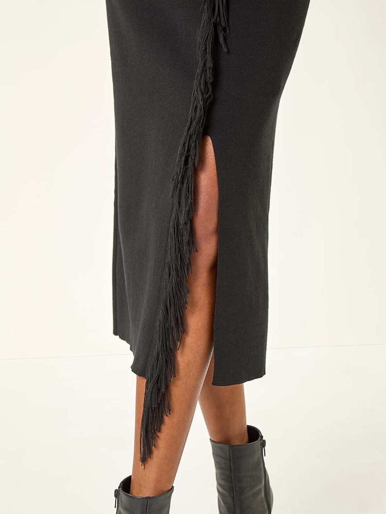 Roman Black Fringe Side Knit Midi Pencil Skirt - Image 5 of 5 Roman Black Fringe Side Knit Midi Pencil Skirt - Image 5 of 5