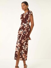 Roman Brown Floral Twist Stretch Dress - Image 1 of 5