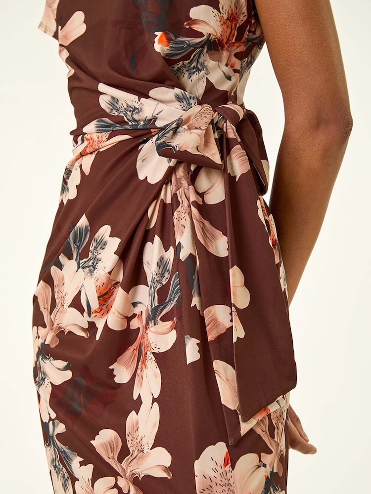 Roman Brown Floral Twist Stretch Dress - Image 5 of 5