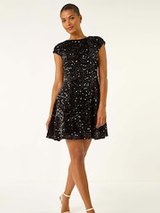 Roman Black Sequin Bow Back Flare Dress - Image 1 of 5