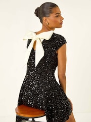 Roman Black Sequin Bow Back Flare Dress - Image 2 of 5
