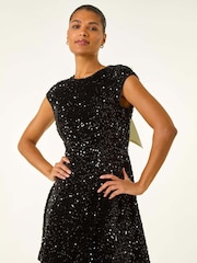 Roman Black Sequin Bow Back Flare Dress - Image 4 of 5