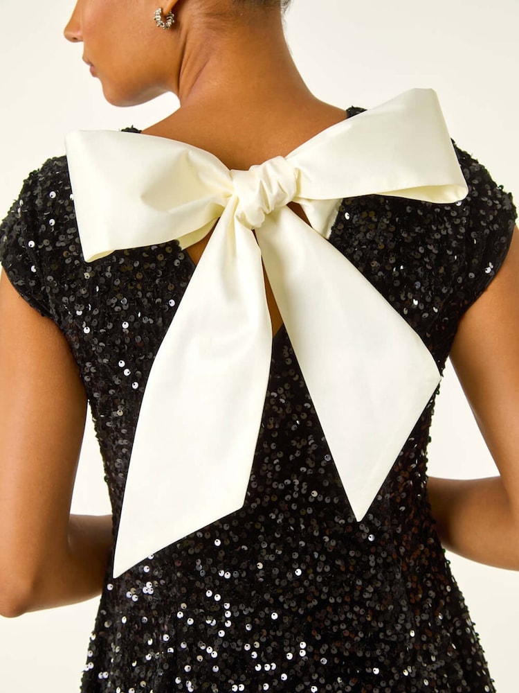 Roman Black Sequin Bow Back Flare Dress - Image 5 of 5 Roman Black Sequin Bow Back Flare Dress - Image 5 of 5