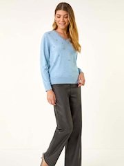 Roman Blue V-Neck Floral Hotfix Jumper - Image 1 of 5