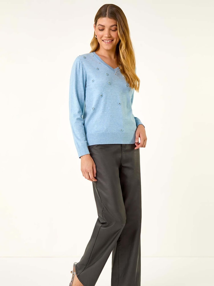 Roman Blue V-Neck Floral Hotfix Jumper - Image 1 of 5