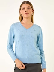 Roman Blue V-Neck Floral Hotfix Jumper - Image 2 of 5