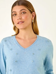 Roman Blue V-Neck Floral Hotfix Jumper - Image 4 of 5