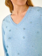 Roman Blue V-Neck Floral Hotfix Jumper - Image 5 of 5