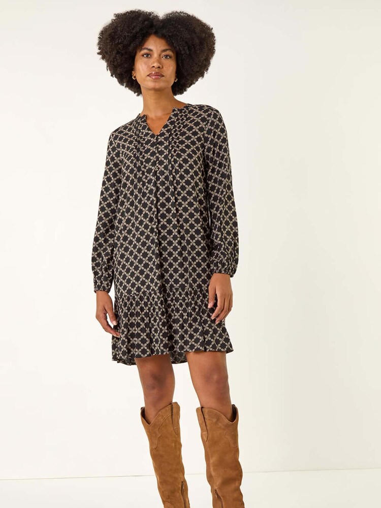 Roman Black Geo Print Pintuck Smock Dress - Image 1 of 5 Roman Black Geo Print Pintuck Smock Dress - Image 1 of 5