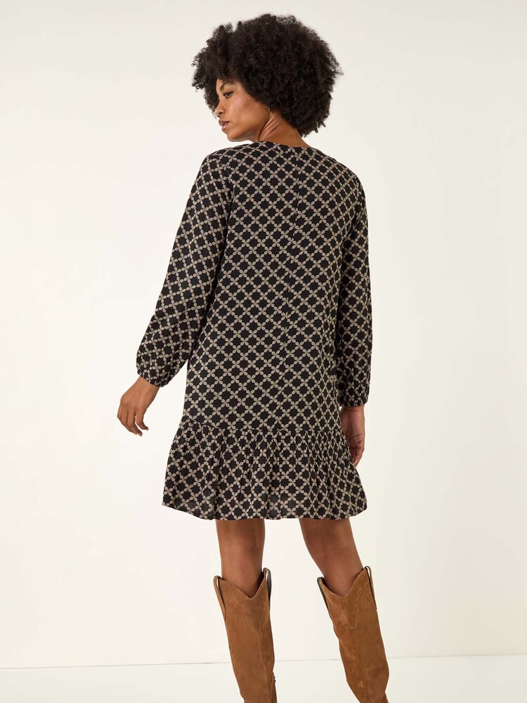 Roman Black Geo Print Pintuck Smock Dress - Image 2 of 5 Roman Black Geo Print Pintuck Smock Dress - Image 2 of 5