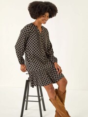 Roman Black Geo Print Pintuck Smock Dress - Image 4 of 5