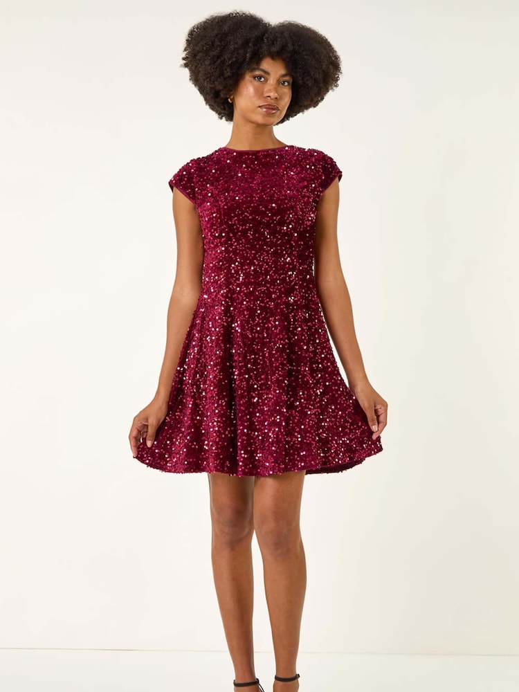 Roman Red Sequin Bow Back Flare Dress - Image 1 of 5 Roman Red Sequin Bow Back Flare Dress - Image 1 of 5