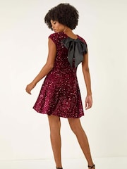 Roman Red Sequin Bow Back Flare Dress - Image 2 of 5