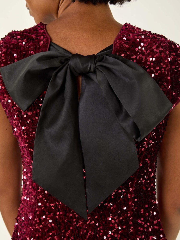 Roman Red Sequin Bow Back Flare Dress - Image 6 of 6 Roman Red Sequin Bow Back Flare Dress - Image 6 of 6