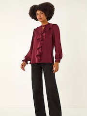 Roman Red Ruffle Front Keyhole Satin Blouse - Image 1 of 5