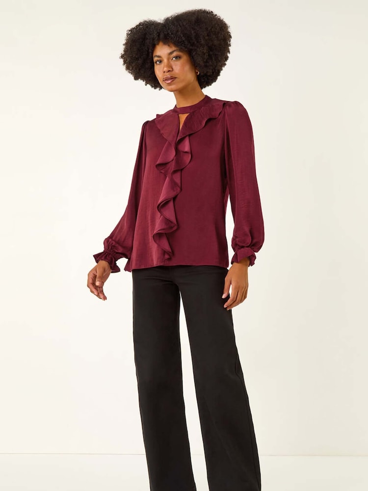 Roman Red Ruffle Front Keyhole Satin Blouse - Image 1 of 5 Roman Red Ruffle Front Keyhole Satin Blouse - Image 1 of 5