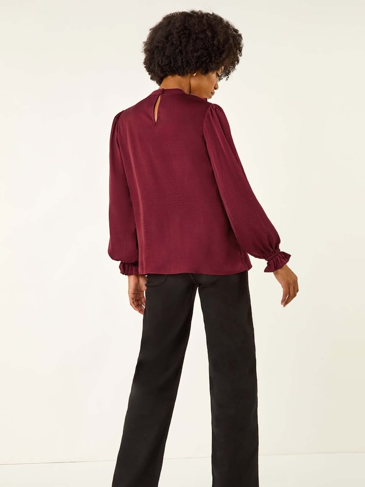 Roman Red Ruffle Front Keyhole Satin Blouse - Image 2 of 5 Roman Red Ruffle Front Keyhole Satin Blouse - Image 2 of 5