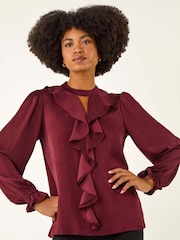 Roman Red Ruffle Front Keyhole Satin Blouse - Image 3 of 5