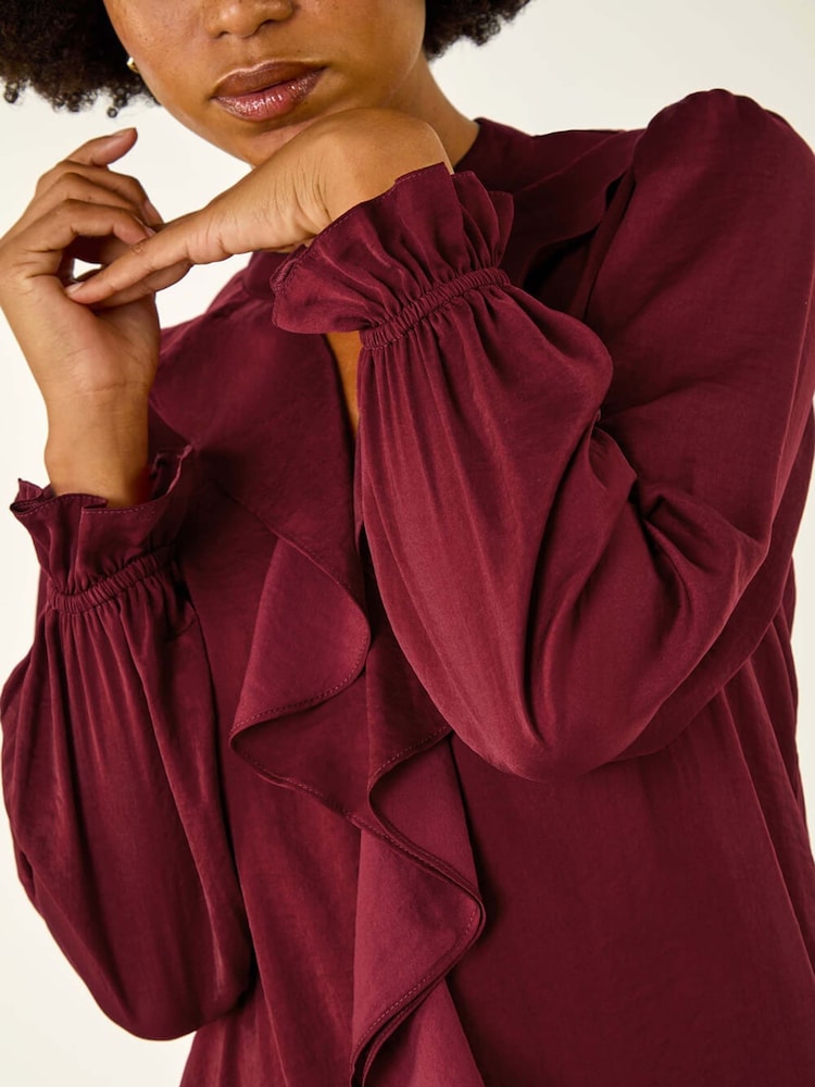 Roman Red Ruffle Front Keyhole Satin Blouse - Image 5 of 5 Roman Red Ruffle Front Keyhole Satin Blouse - Image 5 of 5