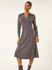 Roman Grey Scallop Detail Knitted Midi Dress - Image 1 of 5