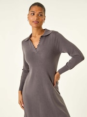 Roman Grey Scallop Detail Knitted Midi Dress - Image 3 of 5