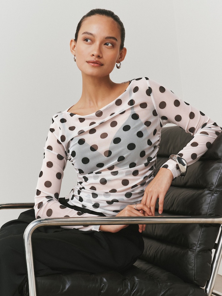 Ecru/Black Polka Dot Long Sleeve Ruched Side Mesh Top - Image 5 of 5 Ecru/Black Polka Dot Long Sleeve Ruched Side Mesh Top - Image 5 of 5