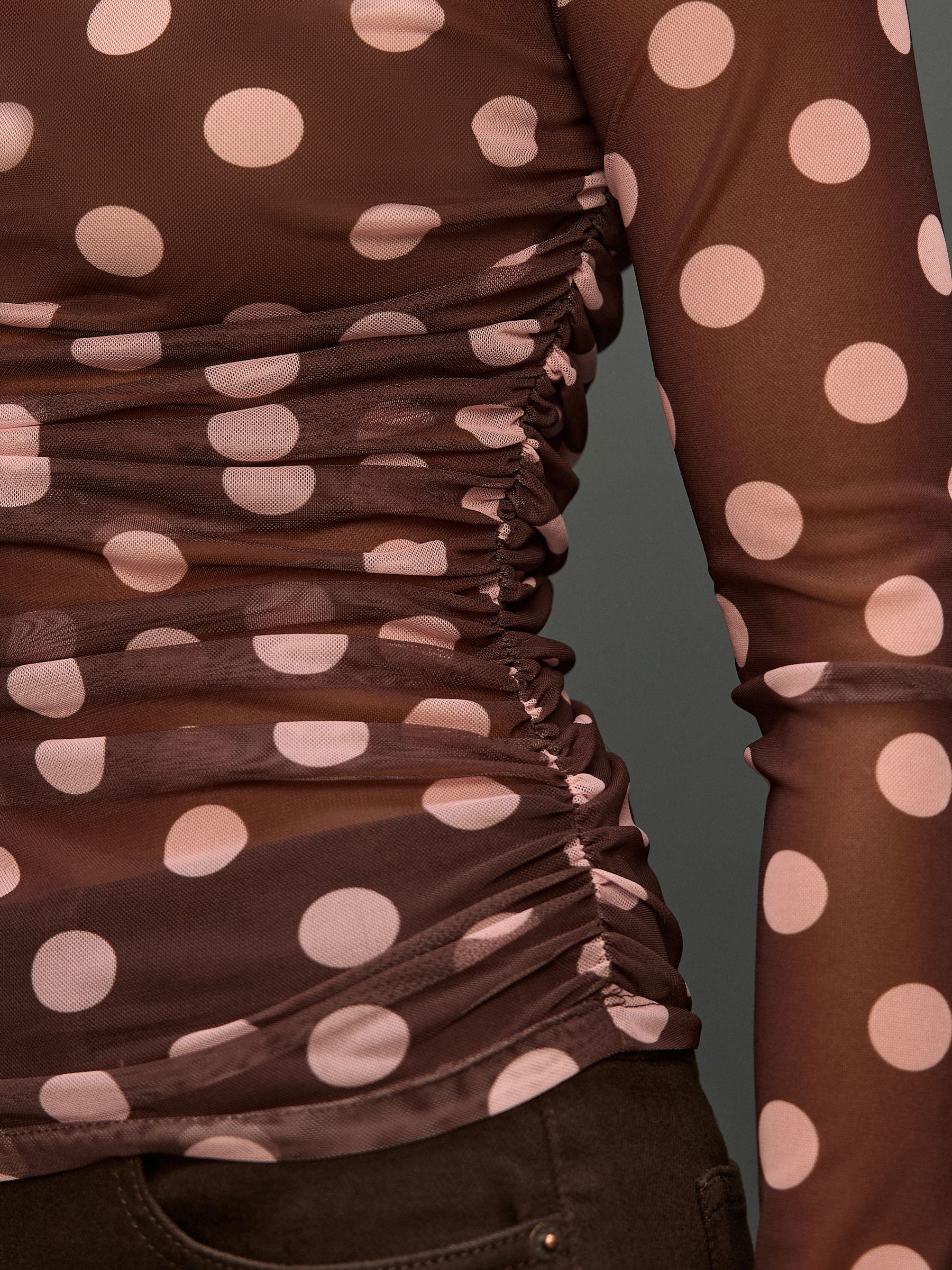 Buy Chocolate Brown/Pink Polka Dot Ruched Long Sleeved Mesh Top