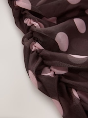 Chocolate Brown/Pink Polka Dot Long Sleeve Ruched Side Mesh Top - Image 8 of 8