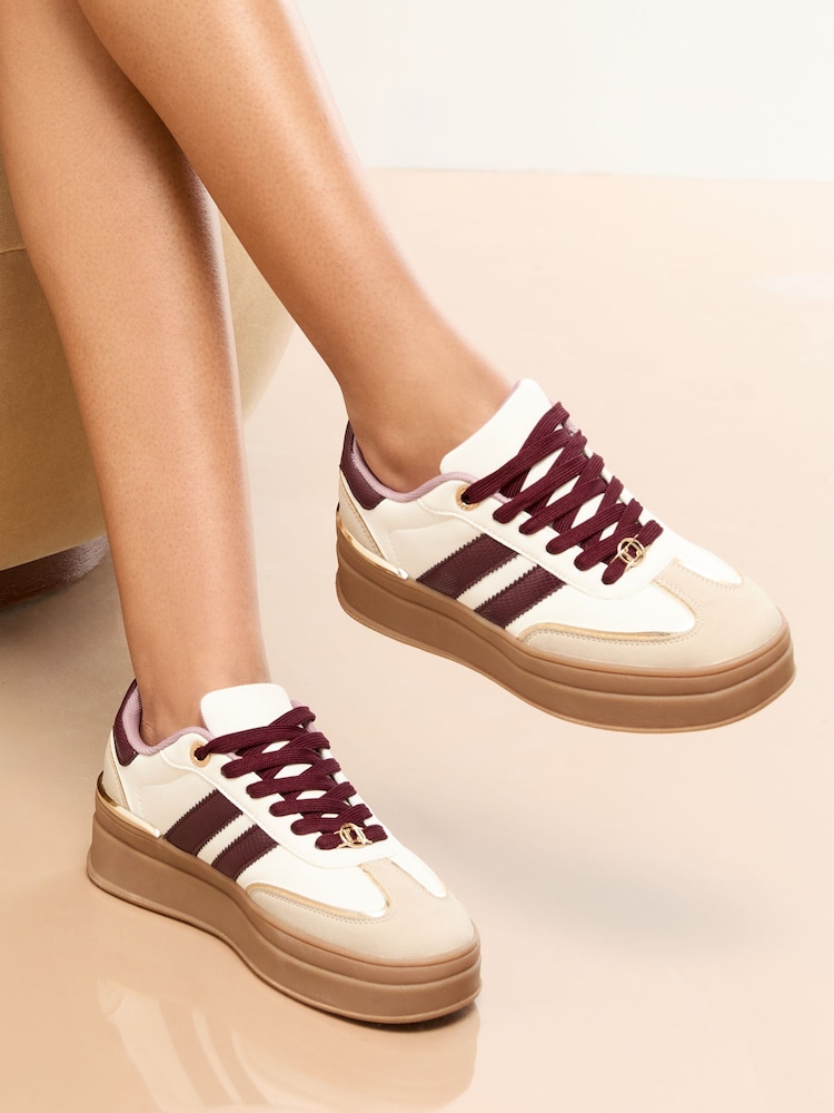 Lipsy Burgundy Red Wide Fit Wide Fit White and Burgundy Chunky Gum Sole Sports Trainers - Image 1 of 4