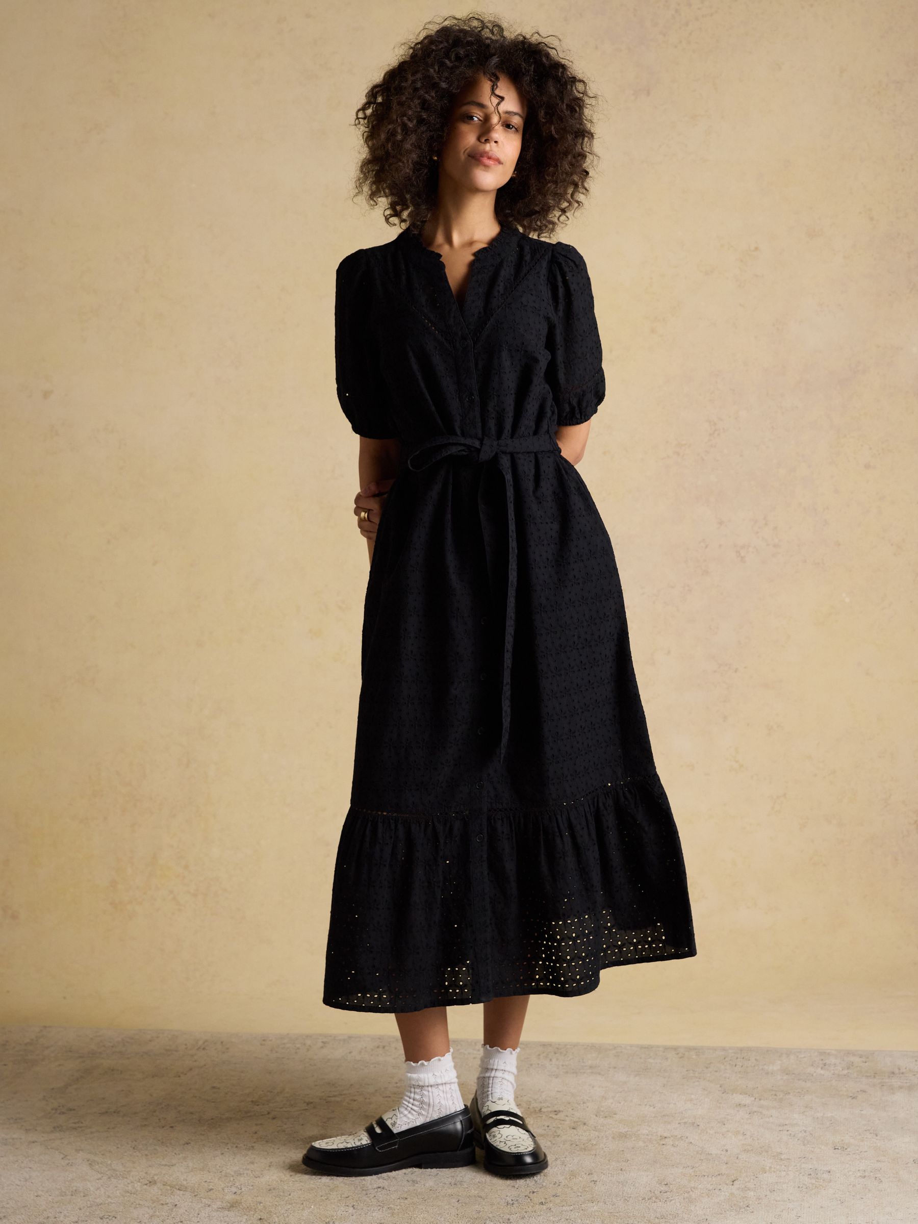Joules Susanna Black Short Sleeve Broderie Midi Dress