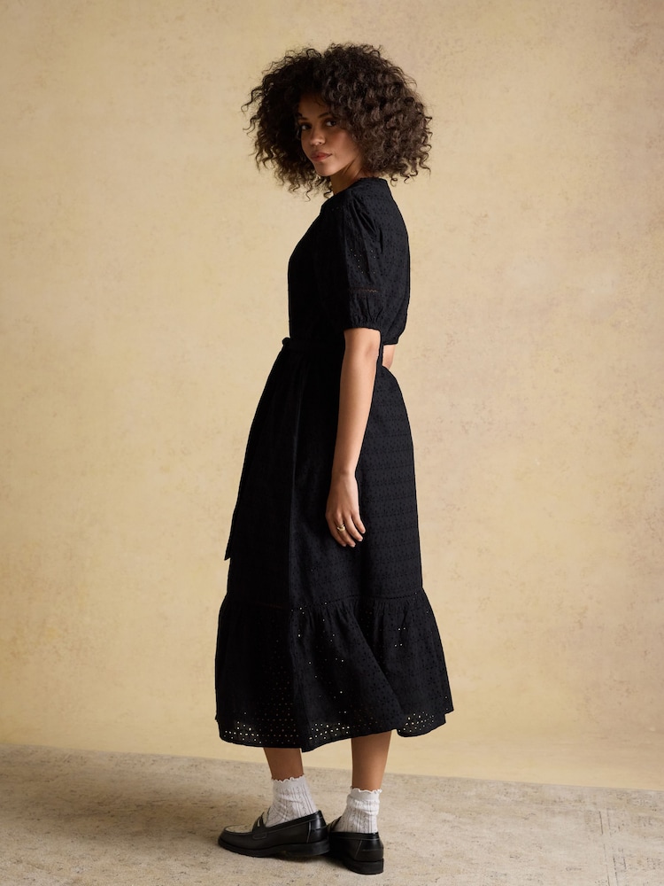 Joules Susanna Black Short Sleeve Broderie Midi Dress - Image 2 of 7 Joules Susanna Black Short Sleeve Broderie Midi Dress - Image 2 of 7