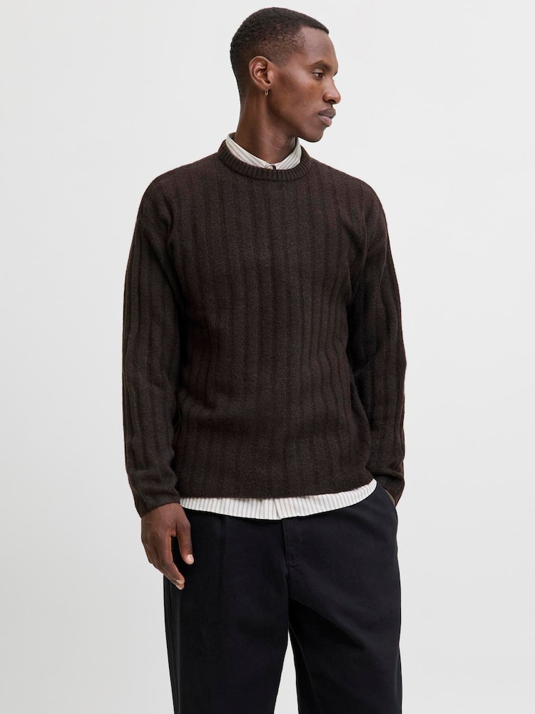 JACK & JONES Brown Ribbed Knitted Jumper - Image 1 of 5 JACK & JONES Brown Ribbed Knitted Jumper - Image 1 of 5