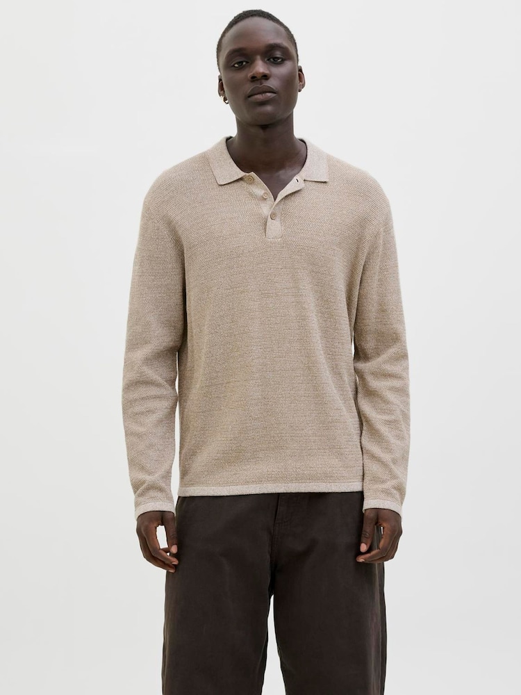 JACK & JONES Grey Long Sleeve Knitted Polo Top - Image 1 of 5 JACK & JONES Grey Long Sleeve Knitted Polo Top - Image 1 of 5
