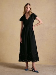 Schwarz - Joules Ivy Shirred Jersey Woven Midi Dress With Broderie Sleeve Detail - Bild 1 von 8