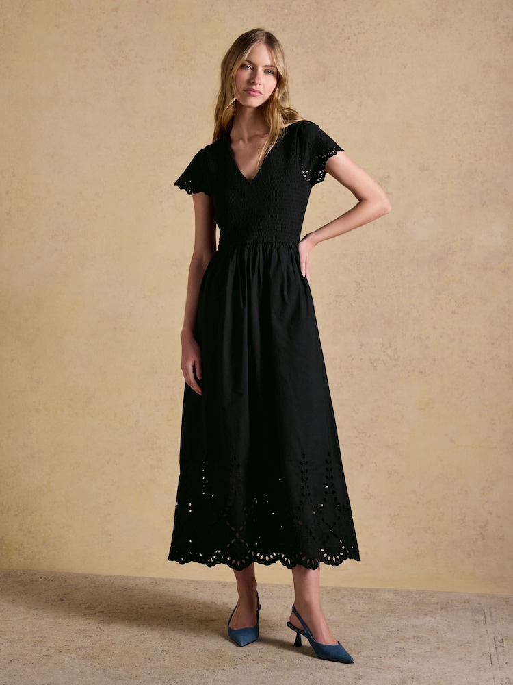 Schwarz - Joules Ivy Shirred Jersey Woven Midi Dress With Broderie Sleeve Detail - Bild 1 von 8