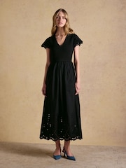 Schwarz - Joules Ivy Shirred Jersey Woven Midi Dress With Broderie Sleeve Detail - Bild 6 von 8