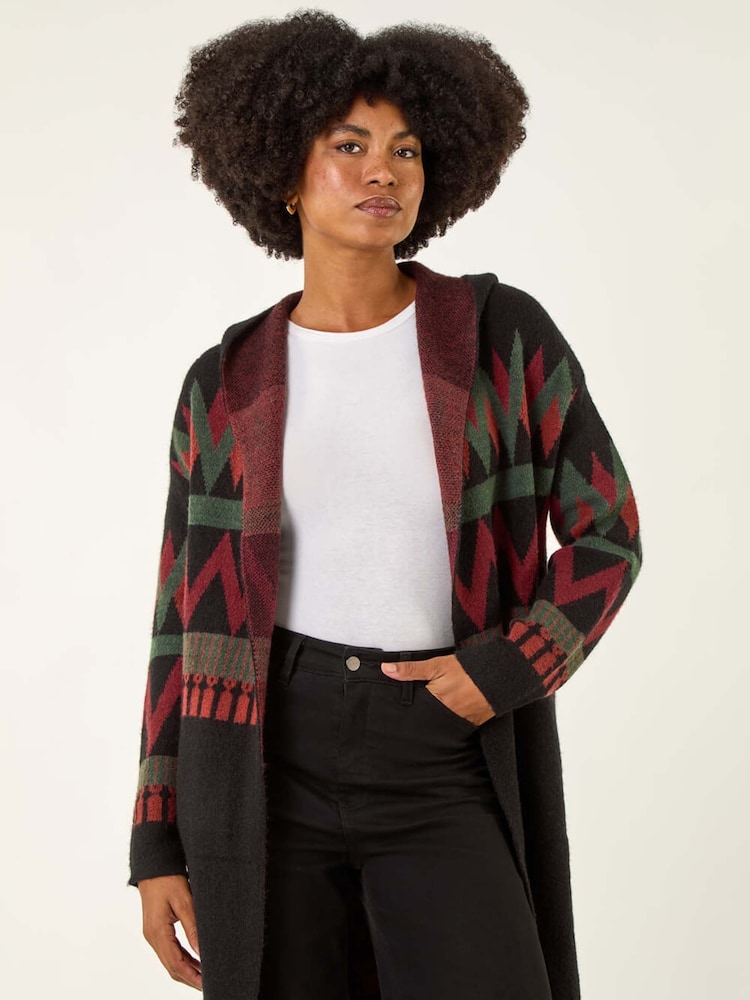Roman Black Nordic Pattern Hooded Knit Cardigan - Image 1 of 5