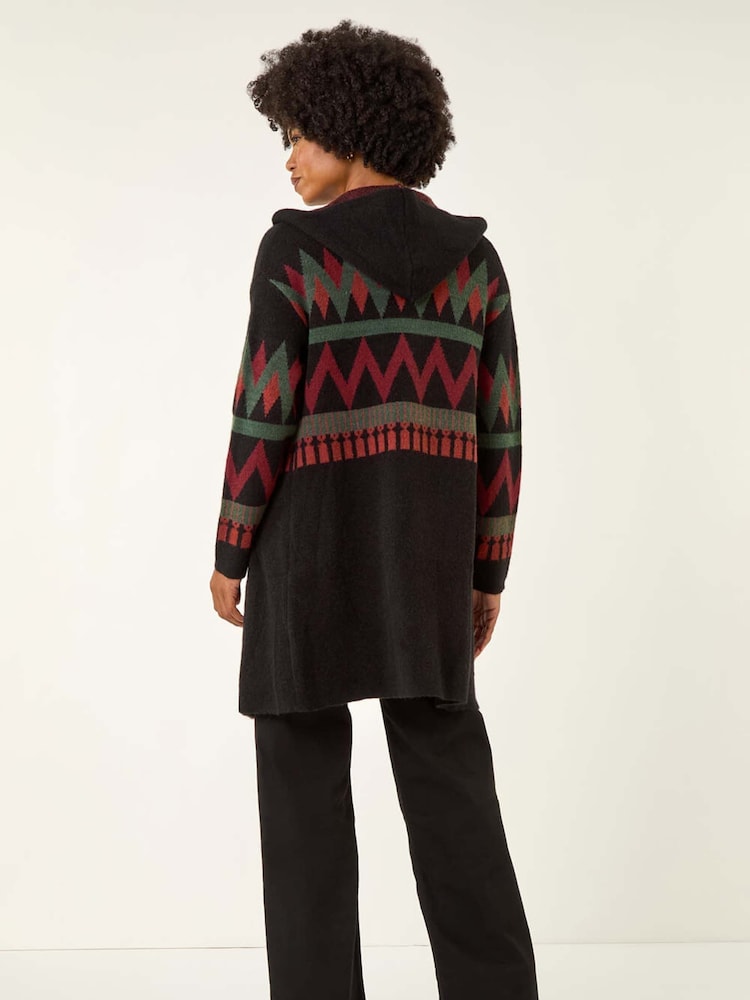 Roman Black Nordic Pattern Hooded Knit Cardigan - Image 2 of 5