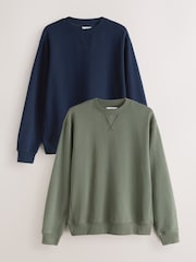 Navy Blue/Khaki Green Lightweight Cotton Rich Jersey Crew Sweatshirt 2 Pack - Image 1 of 11