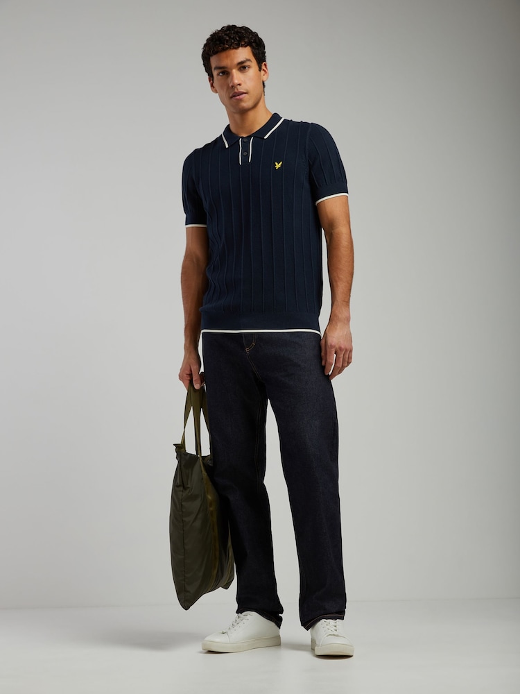 Lyle & Scott Navy Tipped Pique Knitted Polo Shirt - Image 2 of 6