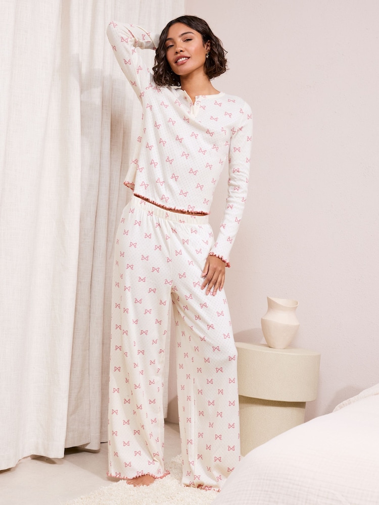 Friends Like These White/Pink Bow Pointelle Wide Leg Pyjamas - Image 2 of 5 Friends Like These White/Pink Bow Pointelle Wide Leg Pyjamas - Image 2 of 5